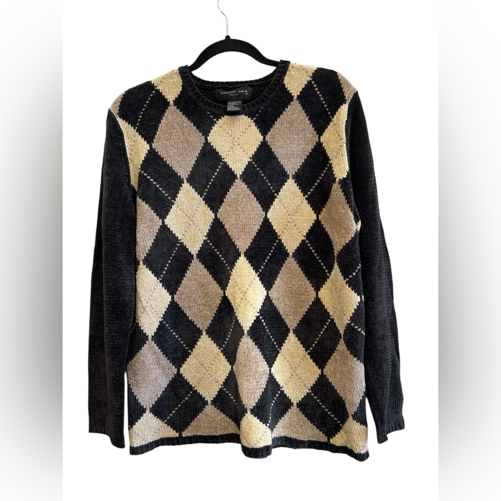 August Silk Argyle Diamond Knit Sweater Preppy Neutral Patterned M